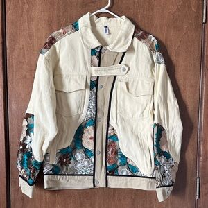 Vintage Aywter Men’s Cream Floral Embroidered Denim Jacket with Snap Buttons